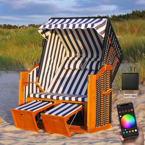 Swing & Harmonie LED - Strandkorb XXL - 118cm inkl. Abdeckcover Luxus Volllieger mit Solarmodul Ostsee Sonneninsel Rattan Möbel Polyrattan (blau/weiß - gestreift)