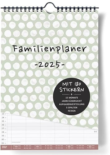 XXL Familienplaner 2025 6 Spalten Wandkalender | DIN A3 I Zum Aufhängen in der Küche |Familienkalender & Sticker, Ferientermine, Jahresübersicht, extra Seite für Urlaubsplanung