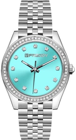 FREDDY Orologio da Polso Donna Joy, Joy Orologio da Donna Cinturino in Acciaio, Cassa Tonda 30 mm - Silver Azzurro Gemme