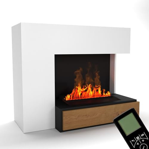 GLOW FIRE Wasserdampf Kamin PLANCK rechts (Standkamin) - Elektrokamin mit realistischen LED 3D-Flammen, Knistereffekt & Fernbedienung, 111x90 cm - Opti-Myst 500 Elektro Kamin, Weiß