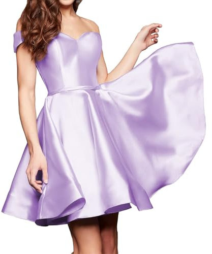 KURFACE Satin Homecoming Dresses for Women 2024 Lilac Short Prom Dress for Teens Off The Shoulder Satin Formal Cocktail Ball Gown UK14