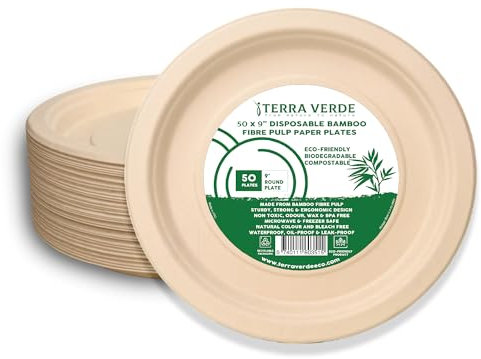 Lot de 50 grandes assiettes en carton jetables en fibre de bambou - 23 cm - Marron naturel non blanchi - 100 % compostables - Écologiques - Extra résistantes - Pour fêtes, pique-niques, barbecues,