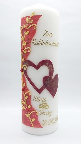 Kerze Rubinhochzeit RH-13 in vers. Farben inkl. Namen und Datum