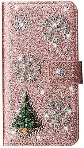 Christmas Wallet style phone Case for iPhone XR Bling diamond snowflake Christmas Tree Glitter PU Leather Flip Case cover Compatible with iPhone XR - Rose gold