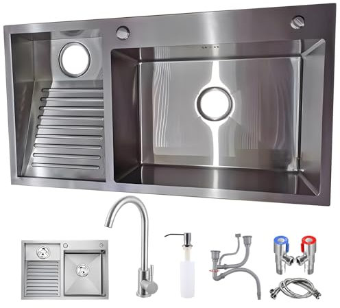 DSMRLEOP Waschbecken - Edelstahl SUS 304 mit Wasserhahn 100x48cm Waschplatte, rechteckiges Doppelwaschbecken mit großem Fassungsvermögen für Badezimmer, Küche, Hauswirtschaftsraum und Balko