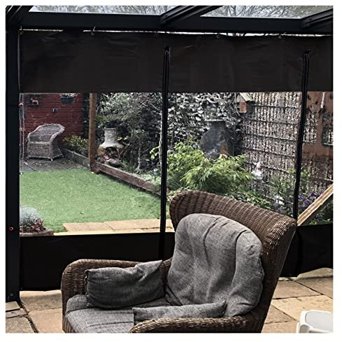 Heavy Duty Waterproof Black PVC Tarpaulin Curtain for Outdoor Pergola Porch Gazebo Zip Door Partition Rain Protection Size 4.8x2.5m