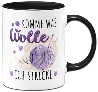 Tassenbrennerei Tasse - Komme was Wolle, ich stricke - Kaffeetasse mit Spruch lustig - Geschenk für Strickerinnen, Strickfans - Nähen (Schwarz)