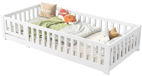 DIYHOM Bodenbett 90x200 cm, Montessori Kinderbett mit Rausfallschutz und Lattenrost, Gitterbett Einzelbett Jugendbett aus Kiefer Massivholz, bis 100 kg belastbarkeit