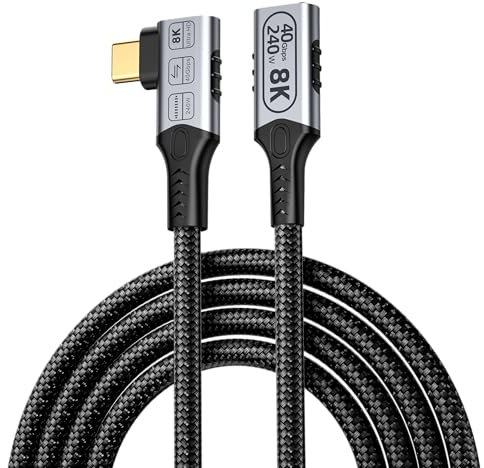 long Câble d'extension usb c coudé 90 degrés Compatible rallonge thunderbolt 4 coudé,vidéo 8K/4K@60hz, 40gbps rallonge mâle à femelle de type c à angle droit 240W cordon tressé à charge rapide 2m
