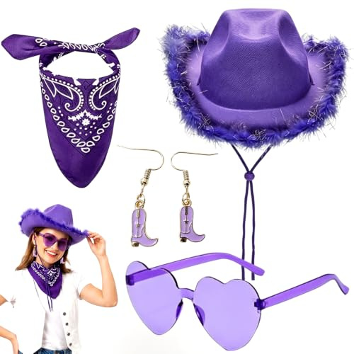 Cowboyhut für Damen, 4PCS Cowgirl Hut Zubehör Set mit Brille Halstuch Ohrringen Breiter Krempe Cowboyhüte Fashion Western Cowboy Hut Cowgirl Kostüm Accessoires für Halloween Karneval Cosplay (Lila)