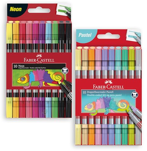 Faber-Castell 151109 - Filzstifte Set Neon, 10 Doppelfasermaler für Kinder und Erwachsene (Neonfarben + Pastell)