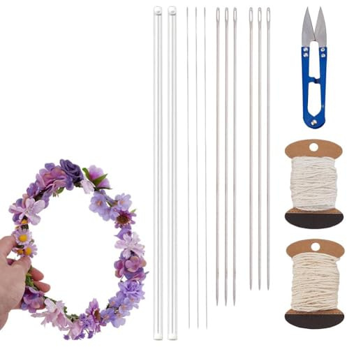 AHANDMAKER 18Pcs Lei Needle Kit Include 6Pcs 9.8/11.8/14 Inch Stainless Steel Long Needle 3 Rolls Needle Twine 1 Sewing Scissors for DIY Graduation Hawaiian Malay Flower Lei Making