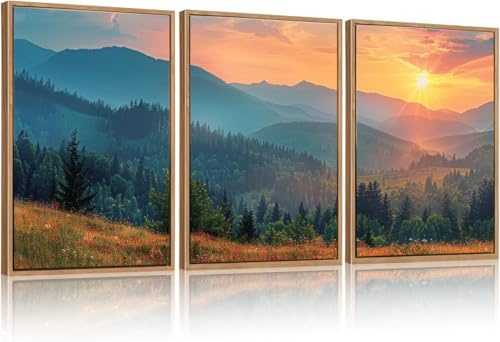 BINCUE 3 Stück Berg Sonneuntergang Bilder mit Rahmen,Nationalpark Grand Teton Wandbild auf Leinwand,GrünBlau Bergen Wandkunst Bilder Natur Waldansichten,Moderne Wanddeko Wohnzimmer Schlafzimmer30x40cm
