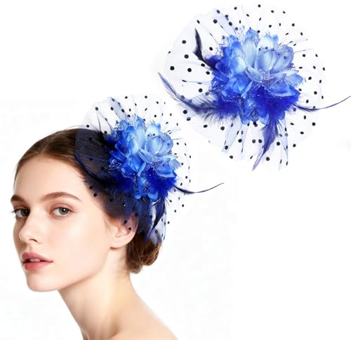 MWOOT Pince à Cheveux Fleur avec Plumes, Barrette Cheveux Fleur de Plumes Bleu, Années 1920 Fascinateur Maille pour Femmes, Élégant Accessoires Cheveux pour Cocktail Mariage Goûter Noël