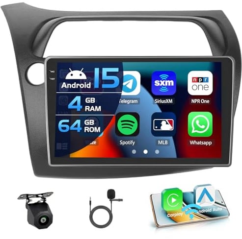 Inefala 4+64G Radio para Honda Civic VIII 2006-2011 Android 15 con 9'' In-Cell Pantalla con Wireless Carplay y Android Auto Mirror Link Radio FM/RDS GPS WiFi Bluetooth SWC Cámara Inversa