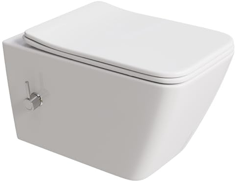 Dusch WC Spülrandlos mit Integrierter Düse, Taharet WC mit mit Kalt-/Warm Wasser Armatur, Hänge WC rechteckige, Wand WC weiß mit Nano, Toilette mit Klodeckel mit Absenkautomatik, WC mit Bidet Funktion