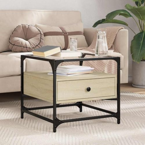 HFXHIJXQ Petite table basse en verre et chêne Sonoma 50 x 50 x 45 cm - Structure en acier - Design moderne - Robuste et durable - Pour salon, canapé et petites pièces