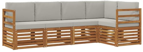 vidaXL Sofagarnituren 5 pcs Natürlich und Hellgrau Massivholz Akazie, Garten-Sofa, modernes Outdoor-Möbel, robuster Lounge-Satz, Bequeme Terrasse-Sitzmöbel für Dein Zuhause