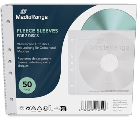 MediaRange Vlies-Taschen für 2 Discs, Ordner & Mappen, Weiß, 50er-Pack | 50er-Pack | für je 2 Discs | Ordnerlochung | weiches Vlies