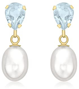 CARISSIMA Damen 9k (375) Gelbgold Blau Topaz und Perle 7 mm x 20 mm Teardrop Ohrringe 1.58.8659
