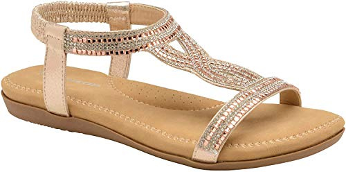 DUNLOP Ladies Women's Summer Folk Round Clip Toe Sandals Beach Flip Flops Flat Elastic T-Strap Post Thong Sandals Shoes (Cynthia Rose Gold, Numeric_4)