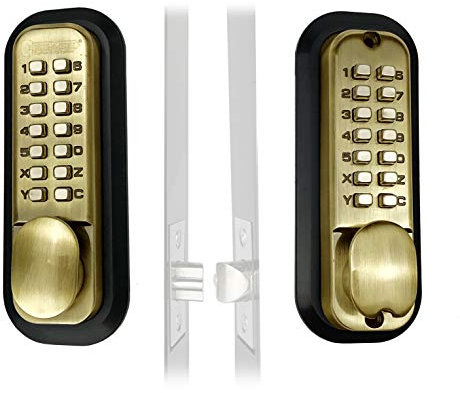 JOUNJIP Cerradura de puerta mecánica sin llave, teclados de doble cara para puertas, vallas, ventanas, sin batería, no necesita energía (latón antiguo), no es un cerrojo