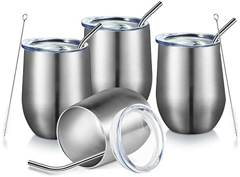 COMOOO Tumbler Wine Cup Insulated Wine Cup with Lid and Straw Stainless Steel Wine Glass Set of 4 Stemless Vacuum Coffee Mug for Champaign Cocktails Party Office (Silver, 4 Pack)