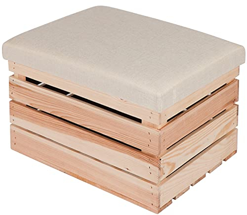 LAUBLUST Sitzhocker mit Stauraum - ca. 50x40x30cm, Natur - Polster Beige | Hocker aus Holz - Sitzbank für Drinnen & Draußen | Aufbewahrungshocker mit Deckel | Sitzpouf & Fußhocker