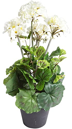künstliche, hohe Geranie (Geranienbusch) mit 5 Blütenköpfen im schwarzen Kunststofftopf (Creme-weiß)