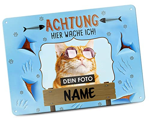 PR Print Royal Blechschild selbst gestalten mit Katzenfoto, Name & Spruch - Achtung! Hier wache ich - Geschenkidee für Katzenbesitzer/Türschild/Katzenschild - Querformat Schild A4