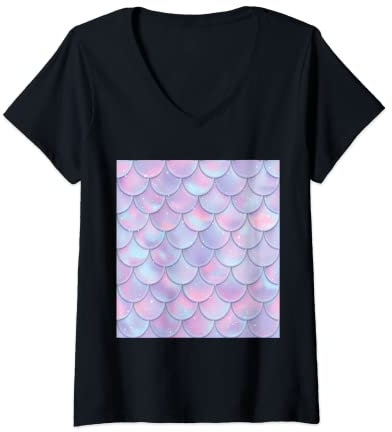 Damen Meerjungfrau Kostüm Fasching Halloween Bunte Schuppen Flosse T-Shirt mit V-Ausschnitt