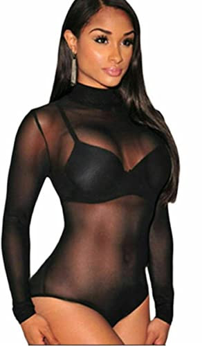 Womens Ladies Turtle Polo Neck Sheer Mesh Long Sleeve Leotard Top Bodysuit (18, Black)