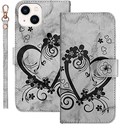 Bartern Handyhülle für Apple iPhone 13 Klappbar,Herz(Liebe)+ Blumen iPhone 13 Hülle,PU Leder Wallet Schutzhülle Tasche Klapphülle mit Kartenfach Magnetverschluss Standfunktion,Schwarz