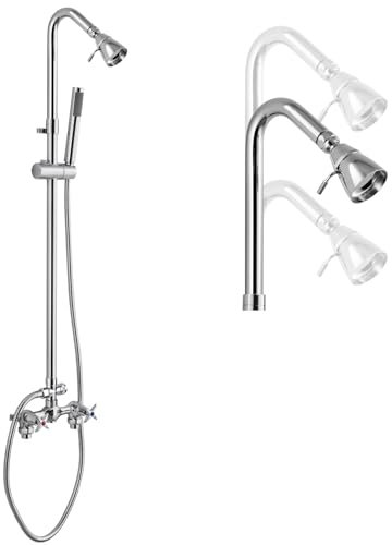 Cinwiny Kit de douche d'extérieur à montage mural en chrome poli avec douchette à main double poignées croisées avec barre coulissante réglable, système de robinet de douche exposé à double fonction