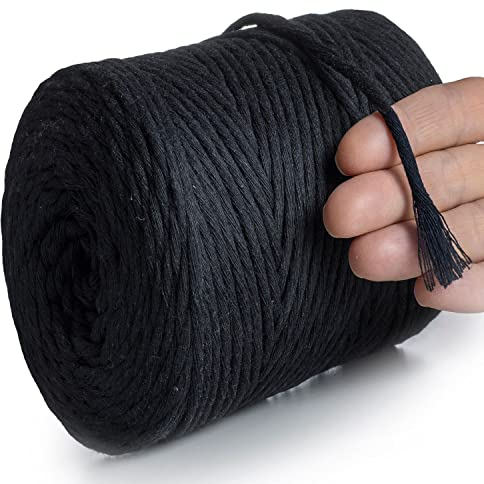 MeriWoolArt® Makramee Garn Schwarz - Makramee Garn 4mm farbig 225m - Super weiches Baumwollgarn, einfach gedrehte Makramee Schnur für Makramee Wandbehang, Blumenampel, Vorhang und Mehr DIY Deco