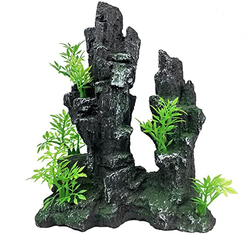 GOLOMOZ Aquarium-Dekorationen, groß und hoch, große Aquarium-Dekorationen, Aquarium-Ornamente, Bergblick, Stein, Ornament, Baum, Fels, Höhle, künstliches Aquarium, 26,7 cm hoch