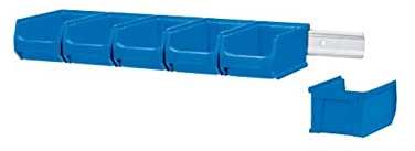 Wandleiste mit 6x Blaue Sichtlagerbox 2.0 | HxBxT 7,6x60,5x17,6cm | Wandhalterung, Kleinteileaufbewahrung, Sortimentsboxhalterung