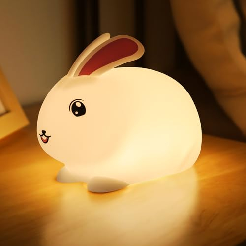 SALUOKE Bunny Night Light 7-Colors: Soft Silicone Nursery Nightlights with Rechargeable, Portable Timing Function Lamp, Cute Baby Night Lamp Wireless, Bedroom Decor for Children & Toddler
