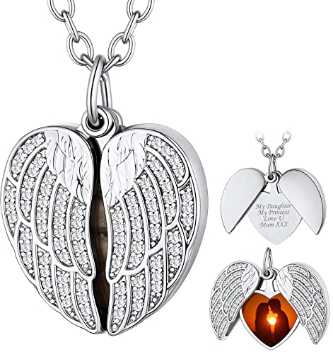 Supcare Damen Halskette mit Flügel Medaillons zum Öffnen Silberkette Gravur Amulett Locket Necklace Womens Fotokette Anhänger mit CZ Kettenanhänger Hip Hop Personalisiert Schmuck für Ehefrau