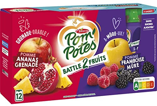 Lot de 6 unités *** POM'POTES Gourdes compote pomme ananas grenade et pomme framboise mûre 12x90g*** soit un format carton de 6 unités ***