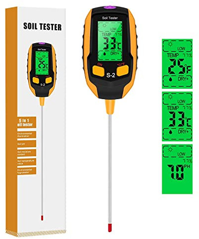 Justmetr 5 in 1 Soil PH Meter, Soil Tester Moisture, Digital Plant Thermometer Test, Moisture Meter Light and PH Tester for Plants, Gardens