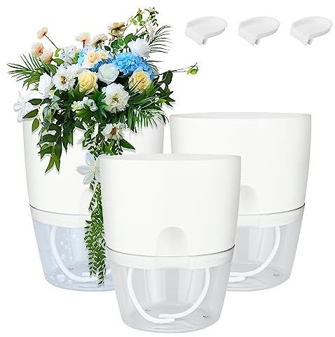 CECOMBINE 3Pcs Self Watering Plant Pots, 15.3cm Plastic Plant Pots Indoor with Cotton Rope and 3 Water Tablets, Modern Decorative Plastic Planter Flower Pot with Large Water Storage (White)