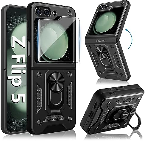 Handyhülle für Samsung Galaxy Z Flip 5 5G Hülle mit Panzerglas, 360 Grad Magnet Metall Ring Ständer Handytasche Stoßfest Kratzfest Schutzhülle Panzerhülle für Samsung Z Flip 5 Case Cover (Schwarz)