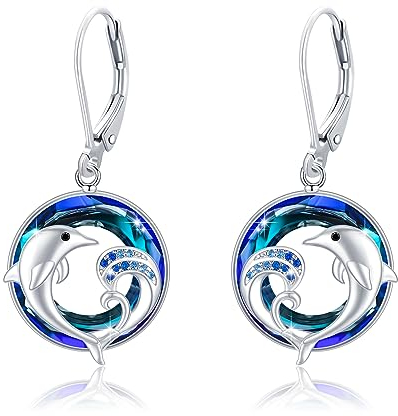 Delphin Ohrringe Damen 925 Sterling Silber Delfin Baumeln mit Blau Kristallen Tropfen Ohrringe Delfin Anhänger Ozean Delfin Schmuck für Mutter Frauen Mädchen Frau Geburtstagsgeschenk