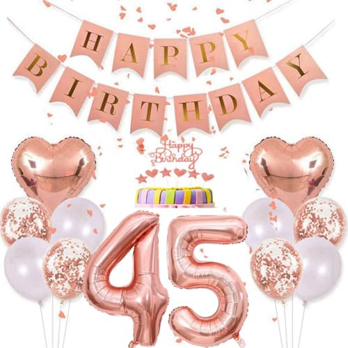 Conruich Deko 45. Geburtstag Frau, Rosegold Tortendeko Geburtstag 45 Jahre Mann, Geburtstagsdeko 45 Jahre, Rosegold Ballon 45 Geburtstags Mädchen, Happy Birthday Banner Deko 45 Geburtstags Frauen