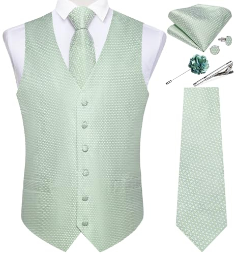 DiBanGu Herren-Paisley-Anzugweste, Seidenkleid, Weste und Fliege, Einstecktuch, Manschettenknöpfe mit Anstecknadel, Set für Hochzeits-Smoking, Salbeigrün, XX-Large