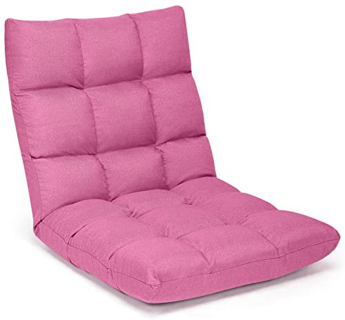 GOPLUS Chaise de Sol Pliante, Fauteuil Convertible Réglable à 14 Niveaux, Fauteuil Paresseux Confortable, Chaise de Méditation Rembourré, 105 x 56 x 12CM (Lin, Rose)