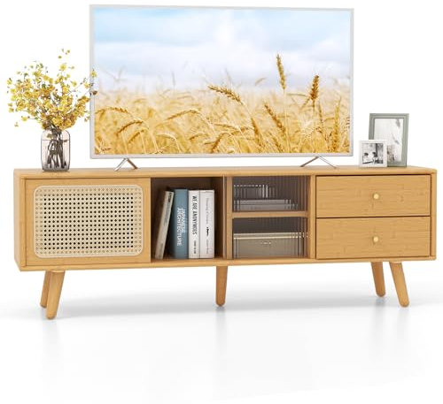 GIANTEX Support TV en bambou jusqu'à 65, Console de médias en rotin avec portes coulissantes, tiroirs et étagères ouverts avec 2 trous pour câbles pour salon, chambre à coucher, naturel