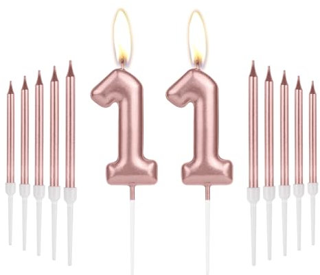 Girls 11th Birthday Candles Decorations, Number 11 Candle With Rose Gold Long Candles, Cake Topper for Women Birthday Party and 11th Wedding Anniversary Celebrations