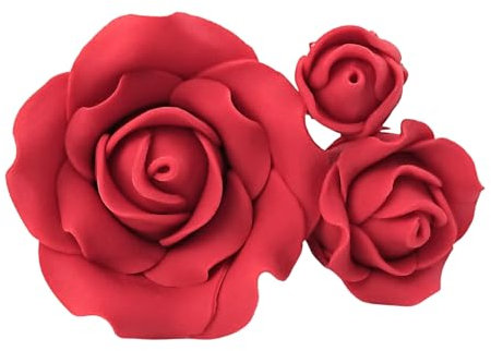 Sugar Roses Set of 3 Flower Cake Decoration Topper *Many Colours To Choose From* (red)